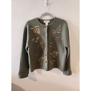 VTG Susan Bristol Sweater Women Large Green Wool Cardigan Embroidered Fall